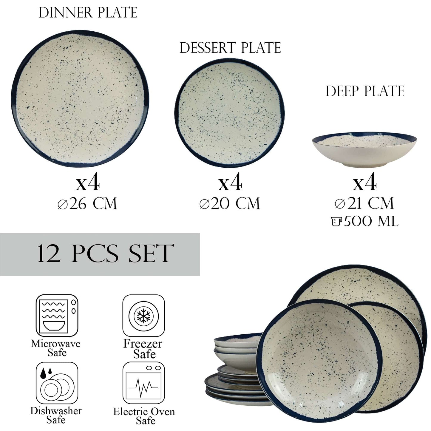 Tellerset 12-teilig, für 4 Personen, Anker, Cesiro, Weiß Ivoire mit Blau