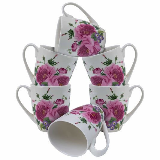 Set mit 6 Tassen mit rosa Blumen, 280 ml, Weiß