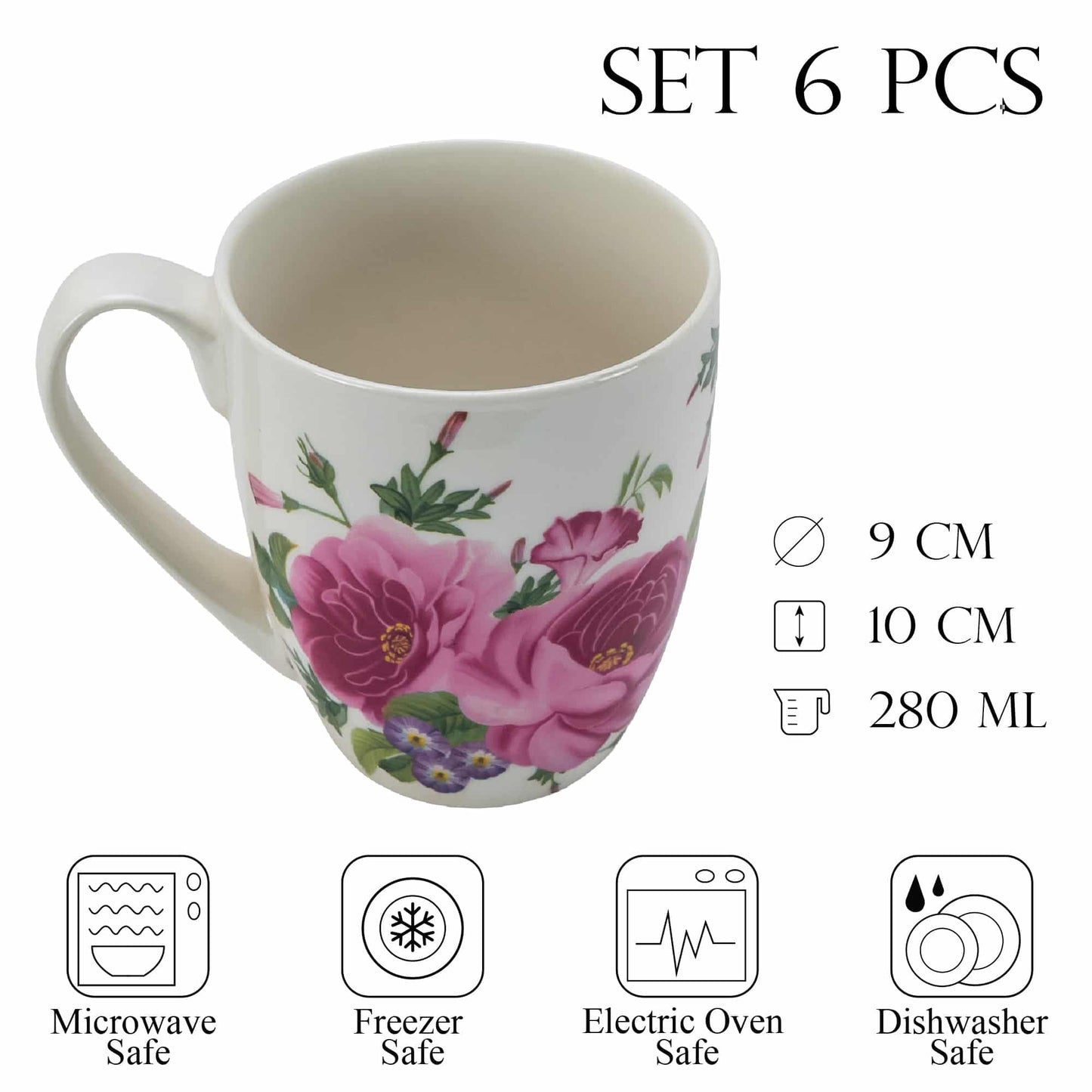 Set 6 cesti cu flori roz, 280 ml, Alb