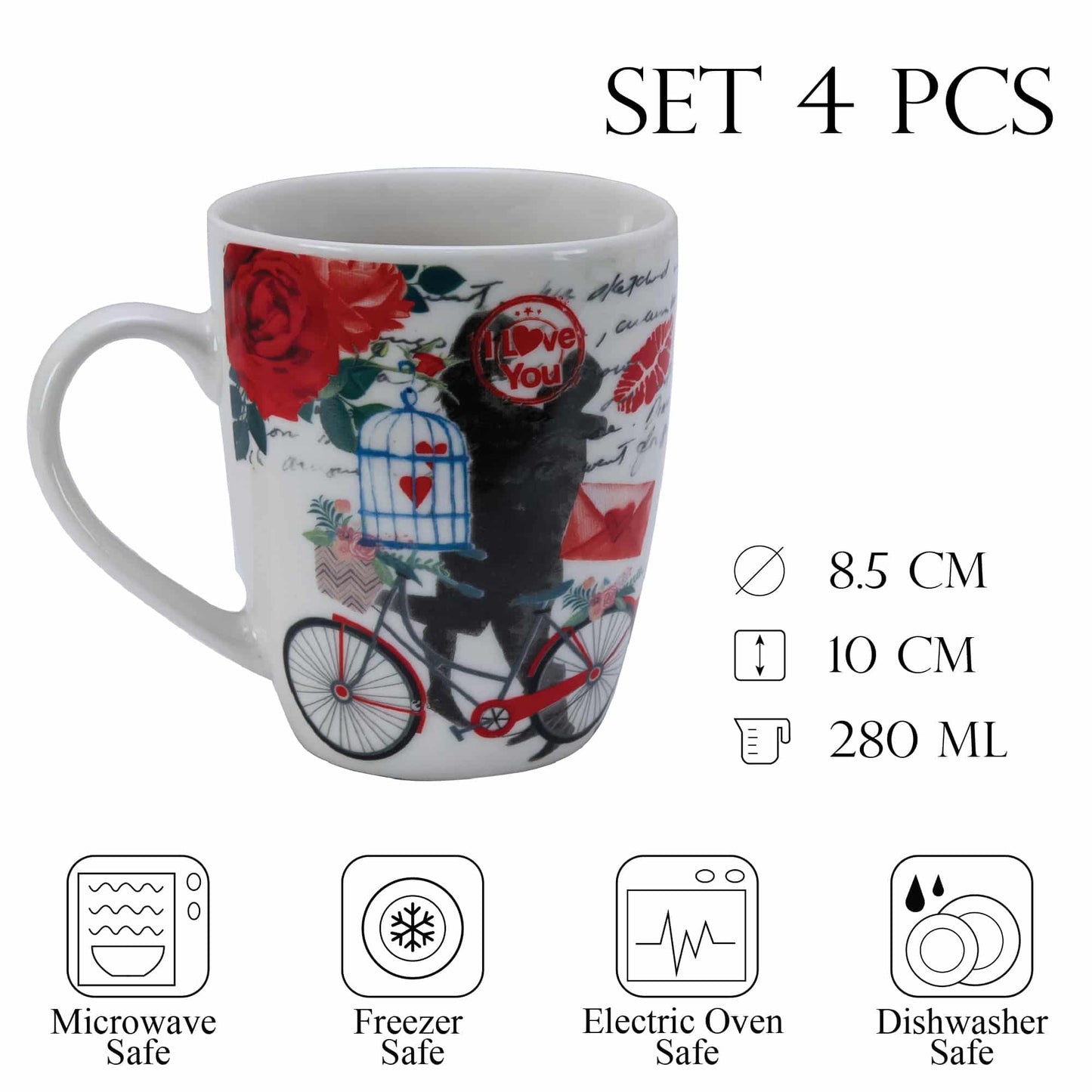 Set 4 cesti 280 ml Alb decor bicicleta