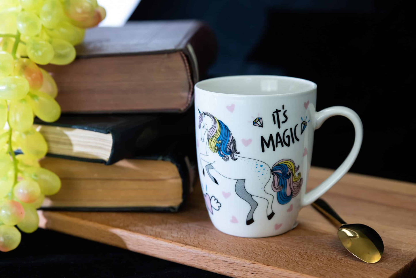 Taza de 300 ml, decoración unicornio blanco