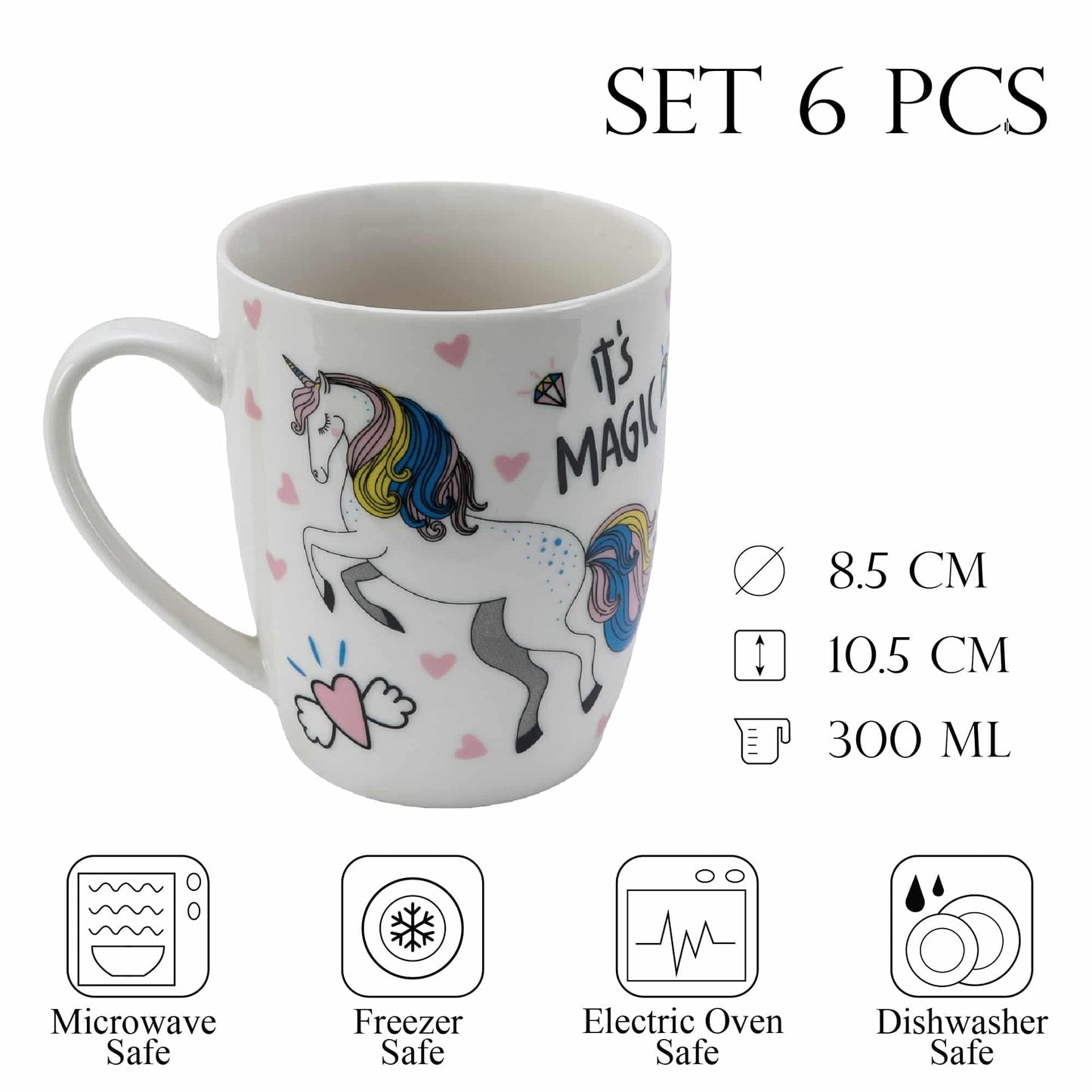 Set of 6 unicorn decoration cups, Cesiro, 300 ml, White