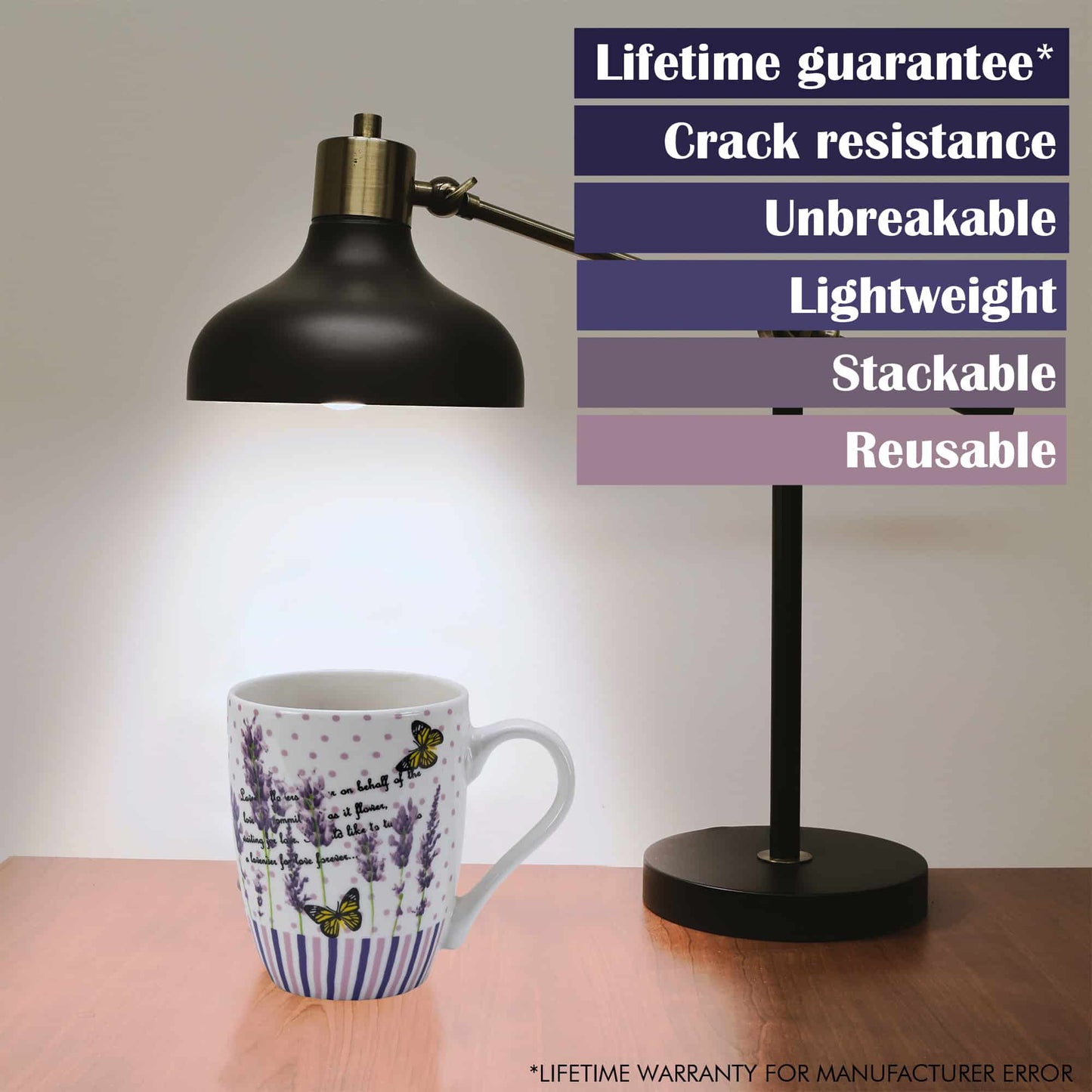 Set 4 Tazze bianche con decoro lavanda, 270 ml