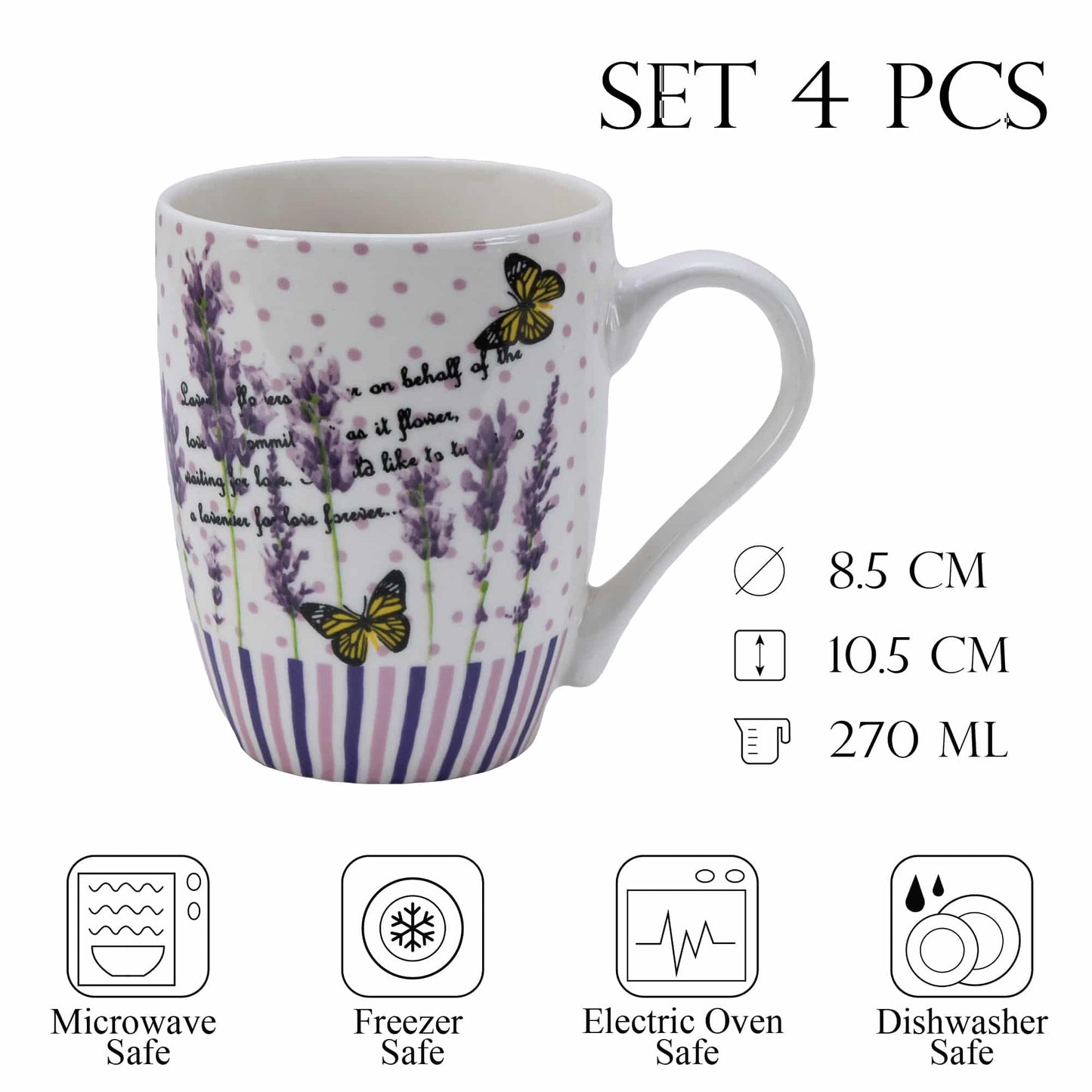 Set 4 Tazze bianche con decoro lavanda, 270 ml