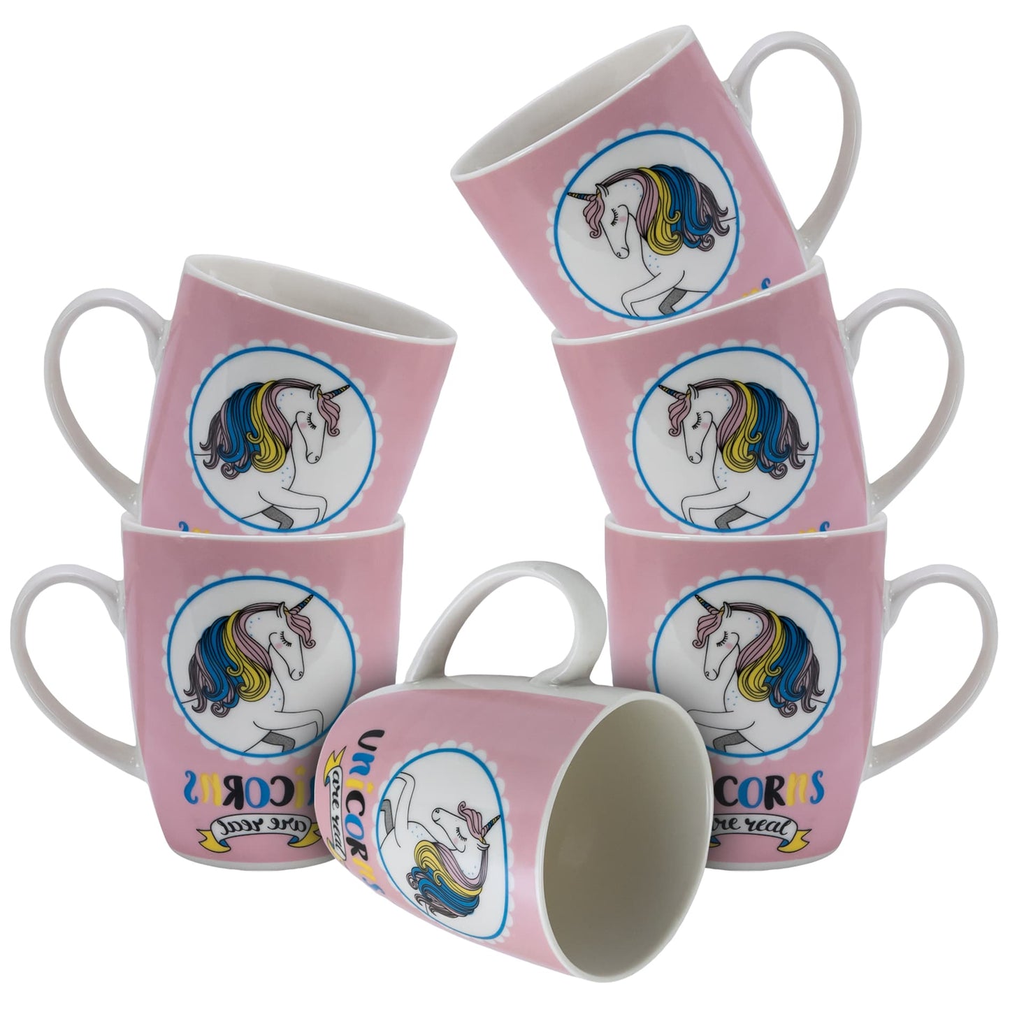 Set 6 cesti 310 ml Alb/Roz decor unicorn