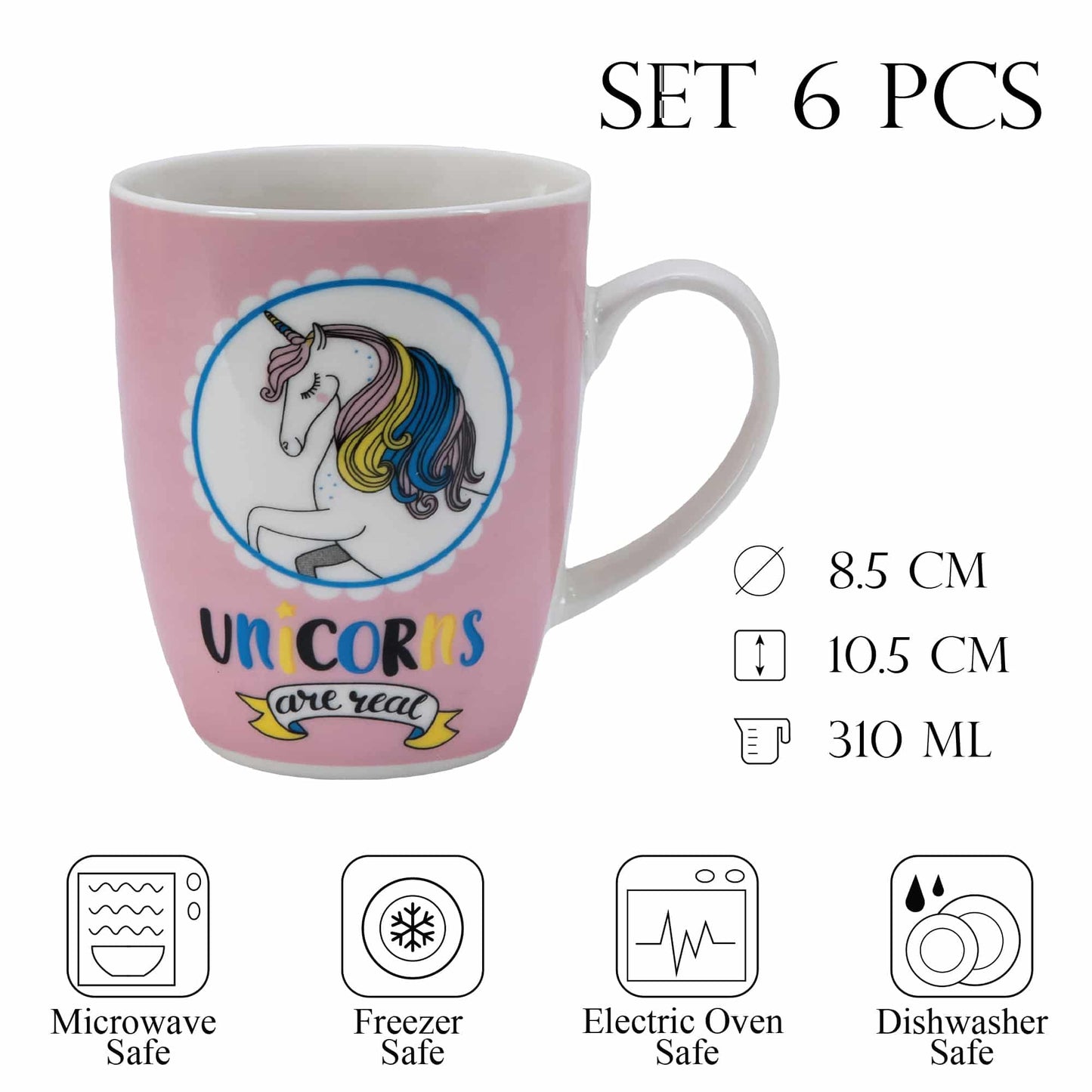 Set 6 cesti 310 ml Alb/Roz decor unicorn