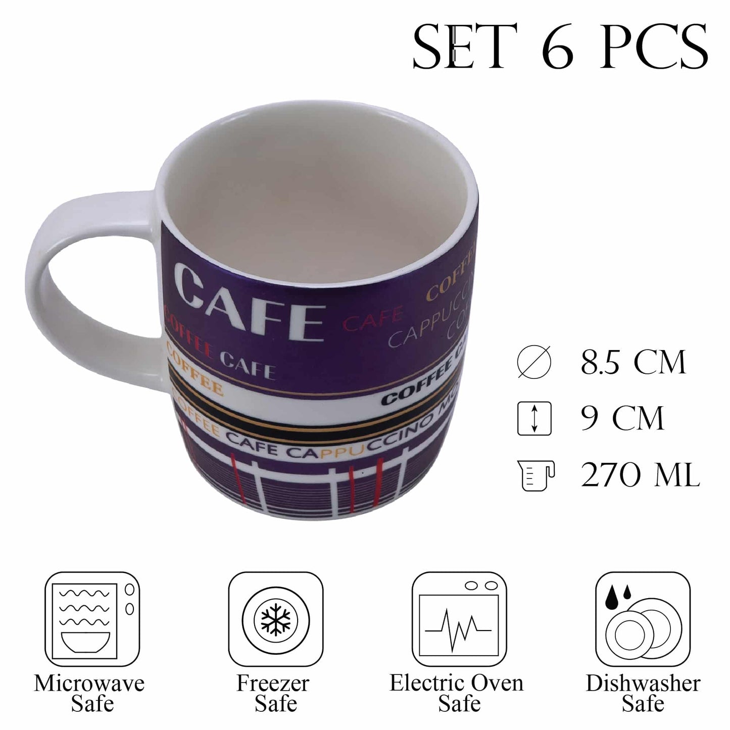 Set 6 tazzine decoro Caffè Bianco/Viola, 270 ml