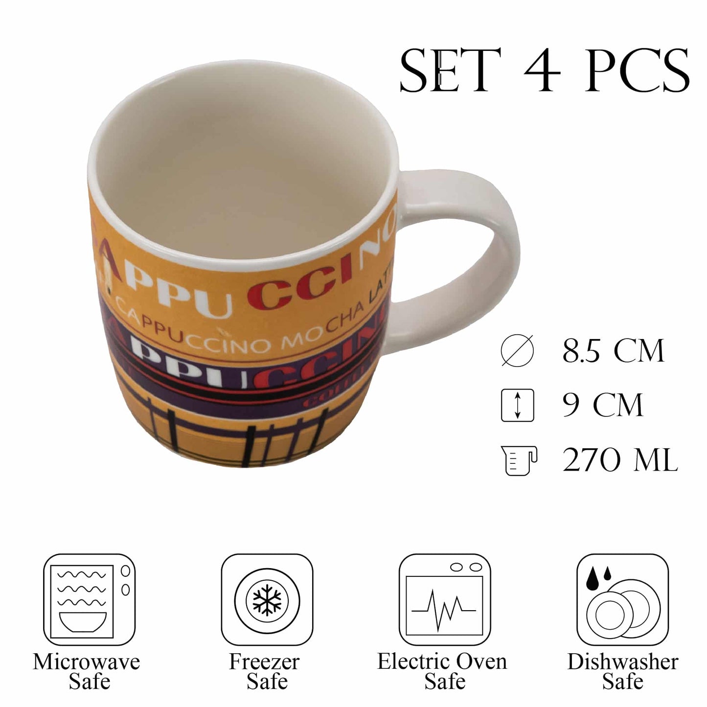 Set 4 cesti 270 ml, Alb/Portocaliu decor Coffee