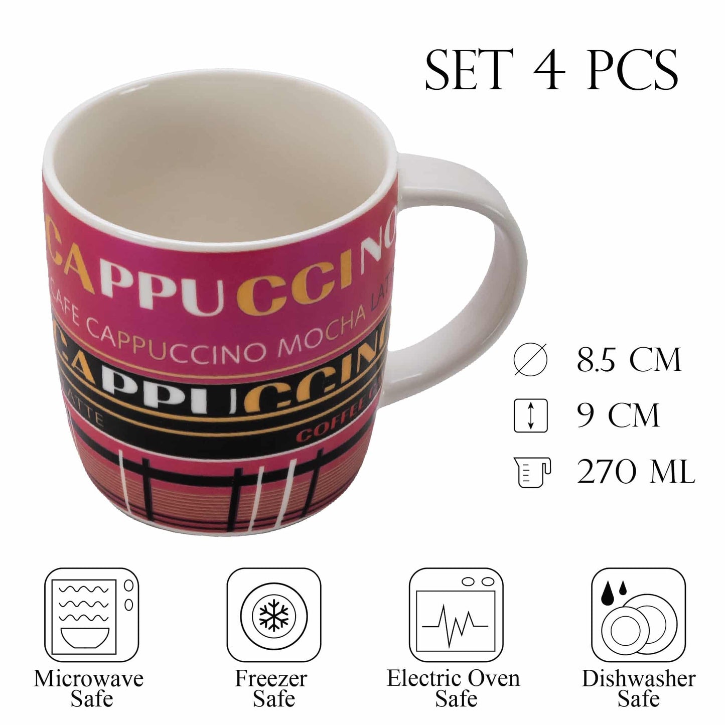 Set mit 4 Tassen mit Kaffeedekor, 270 ml, Weiß/Rosa