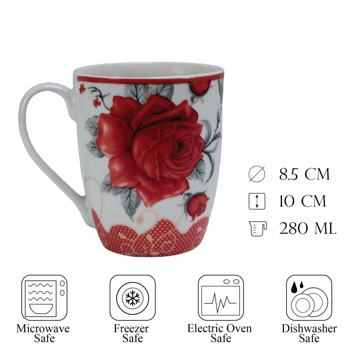 Becher 280 ml, Weiß mit roter Rose