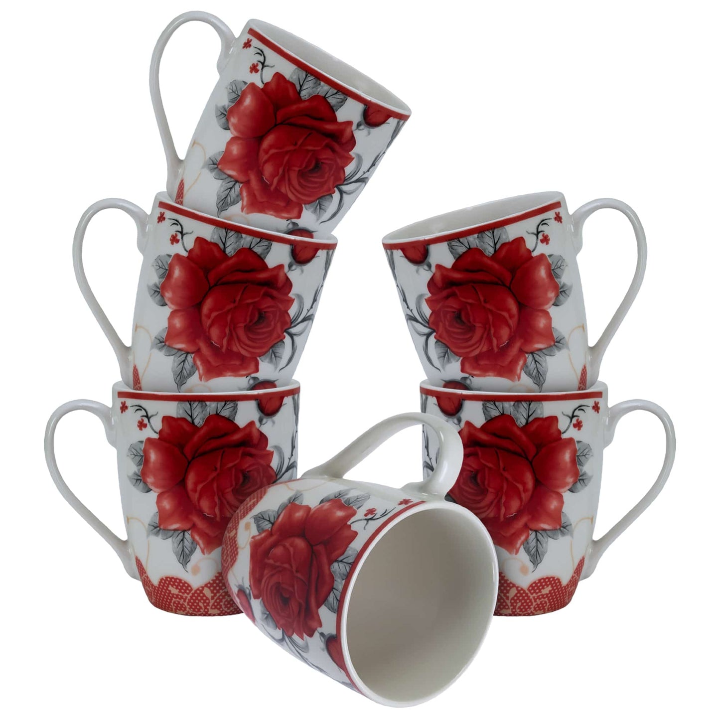 Juego de 6 tazas con rosa roja, 280 ml, Blanco