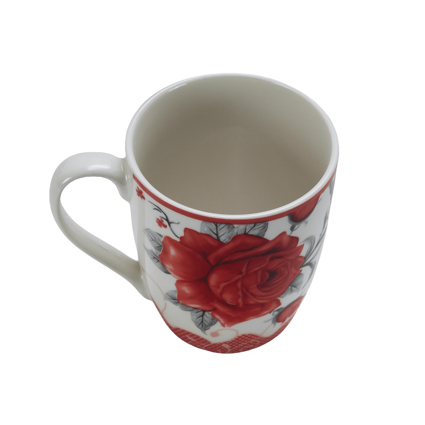 Juego de 6 tazas con rosa roja, 280 ml, Blanco