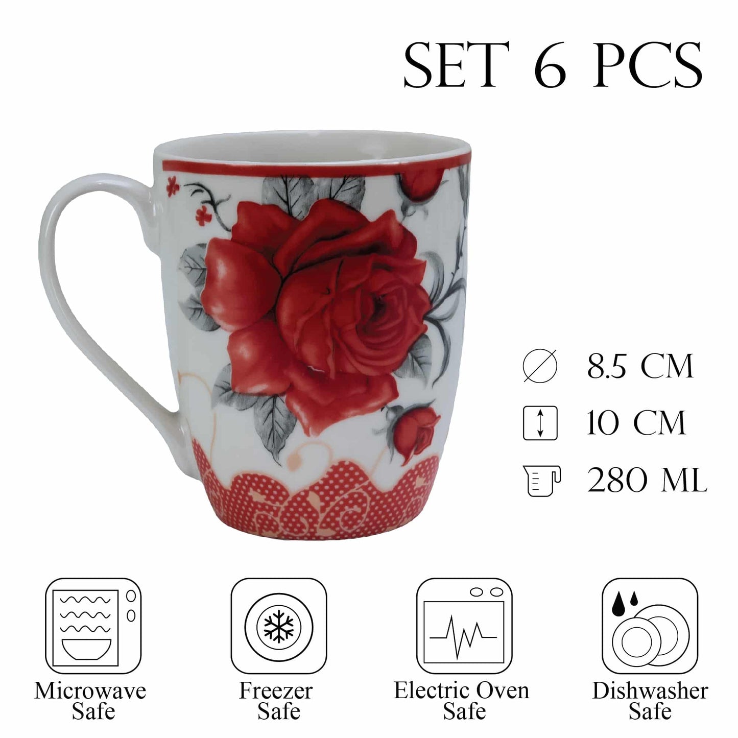 Juego de 6 tazas con rosa roja, 280 ml, Blanco