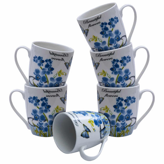 Set mit 6 Tassen 310 ml. Weiß mit blauen Blumen