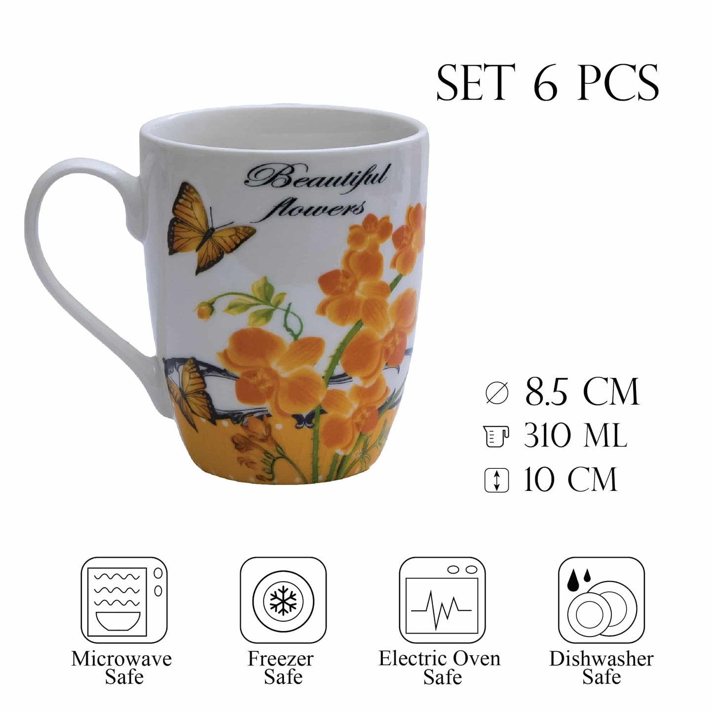 Juego de 6 vasos blancos de 310 ml con flores amarillas