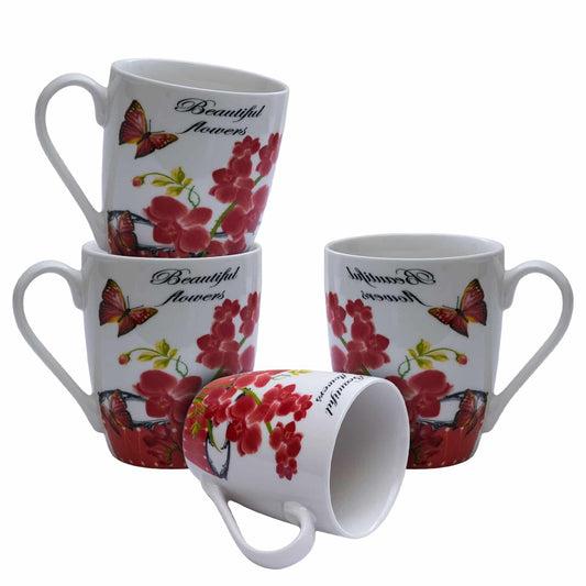 Set 4 cesti Alb cu flori rosii 310 ml