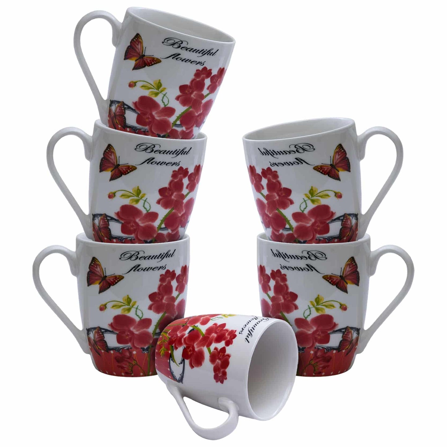 Juego de 6 tazas blancas con flores rojas, 310 ml