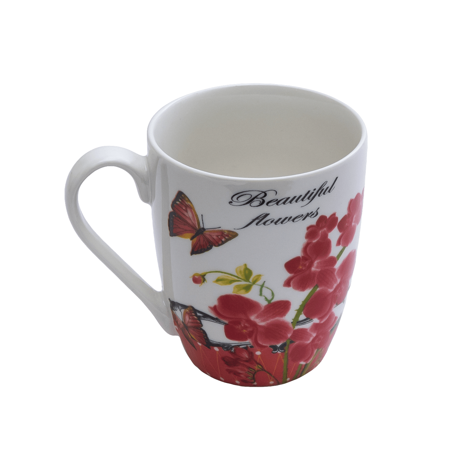 Juego de 6 tazas blancas con flores rojas, 310 ml