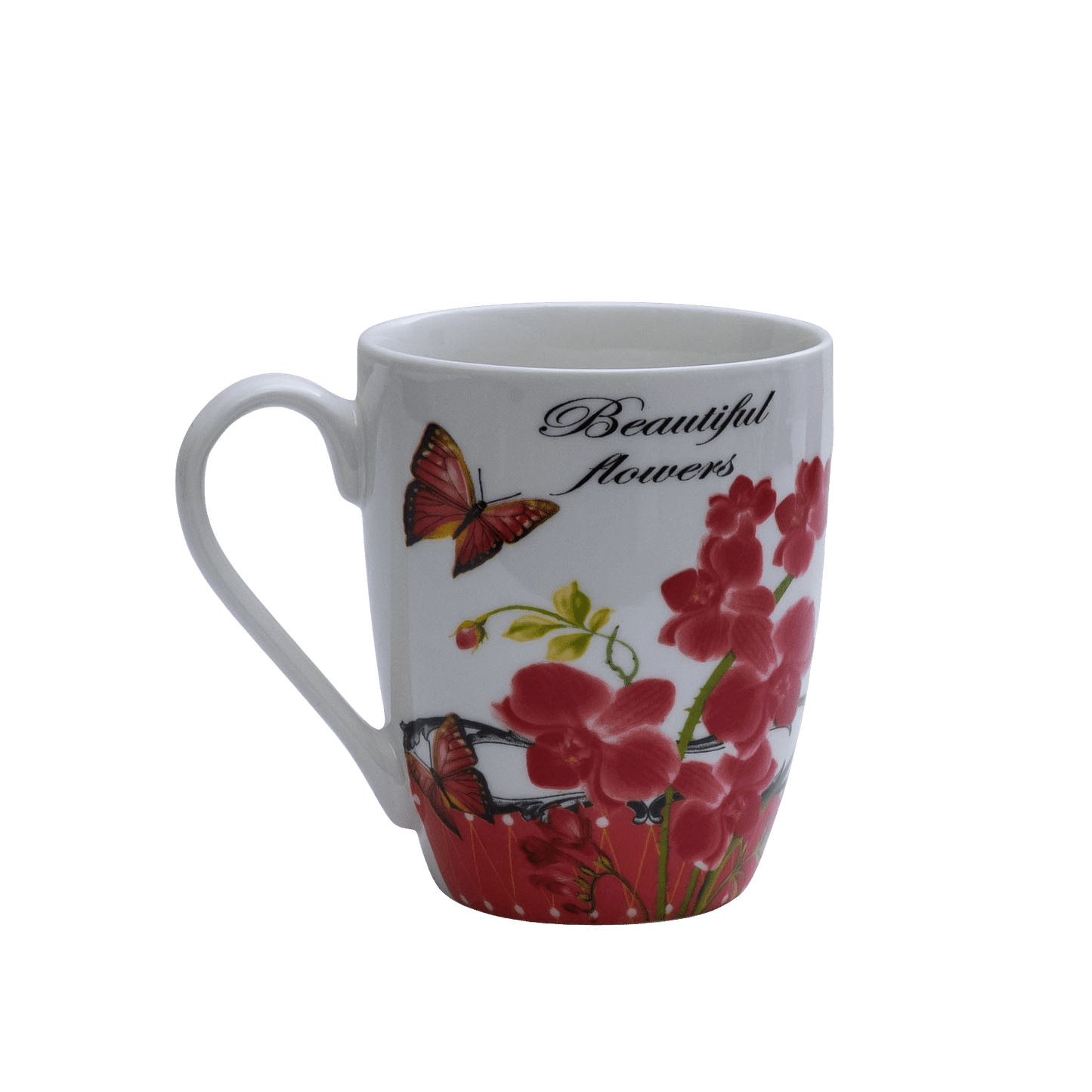 Juego de 6 tazas blancas con flores rojas, 310 ml