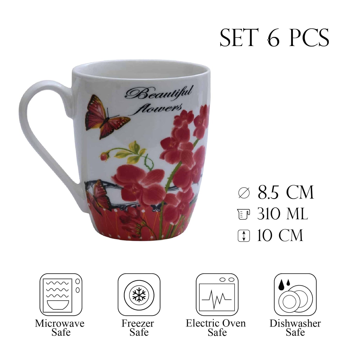 Juego de 6 tazas blancas con flores rojas, 310 ml