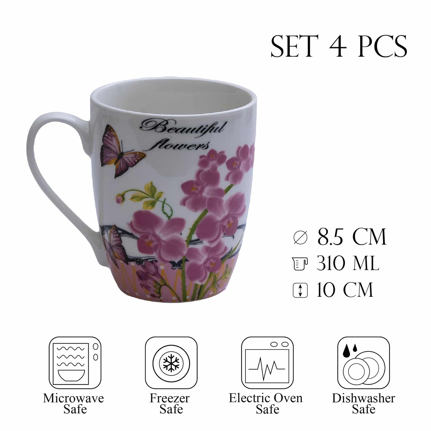 Set 4 cesti 310 ml, Alb cu flori roz