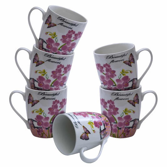 Set mit 6 weißen Tassen mit rosa Blumen, 310 ml