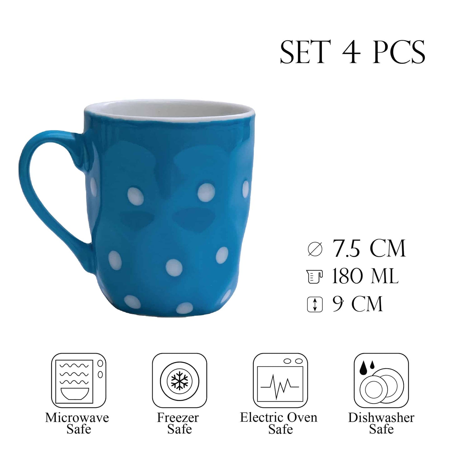 Set mit 4 Tassen mit weißen Punkten, 180 ml, Blau