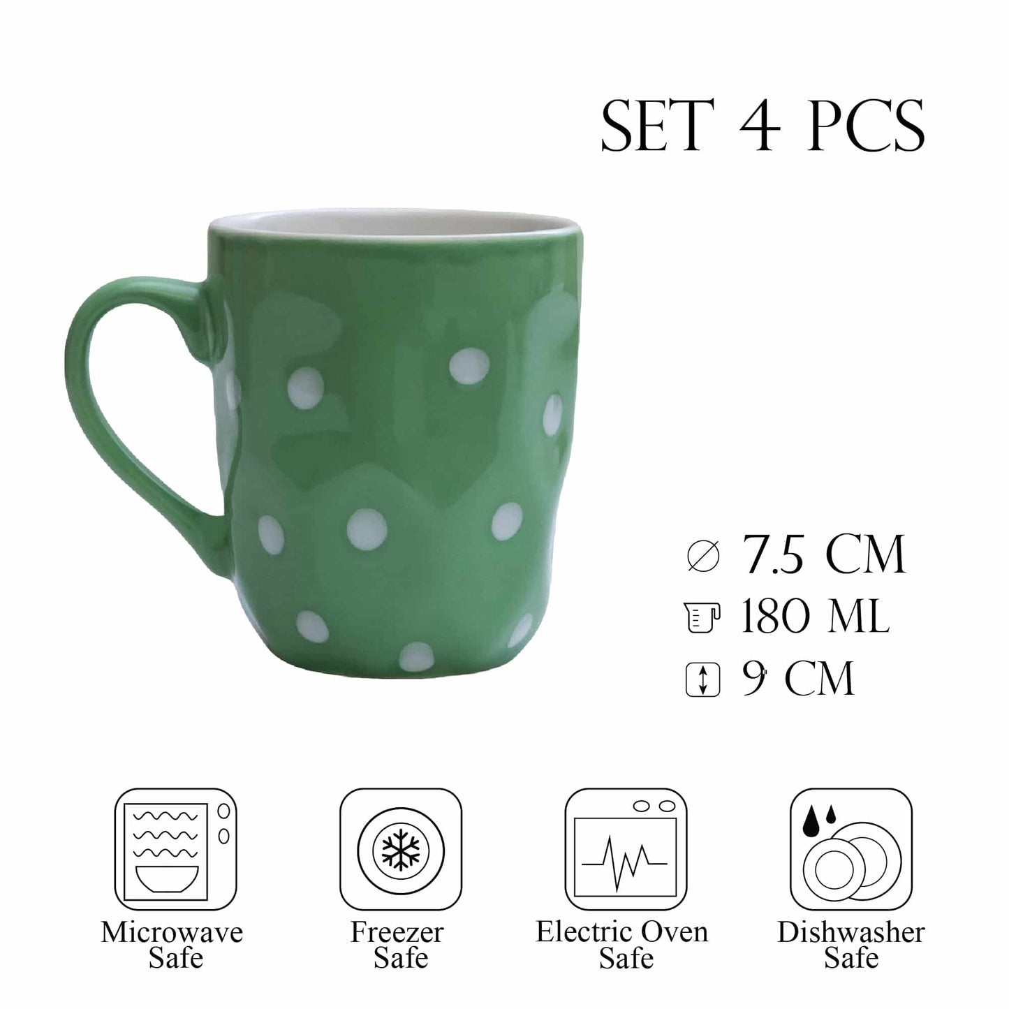 Set 4 cesti Verde cu buline albe, 180 ml