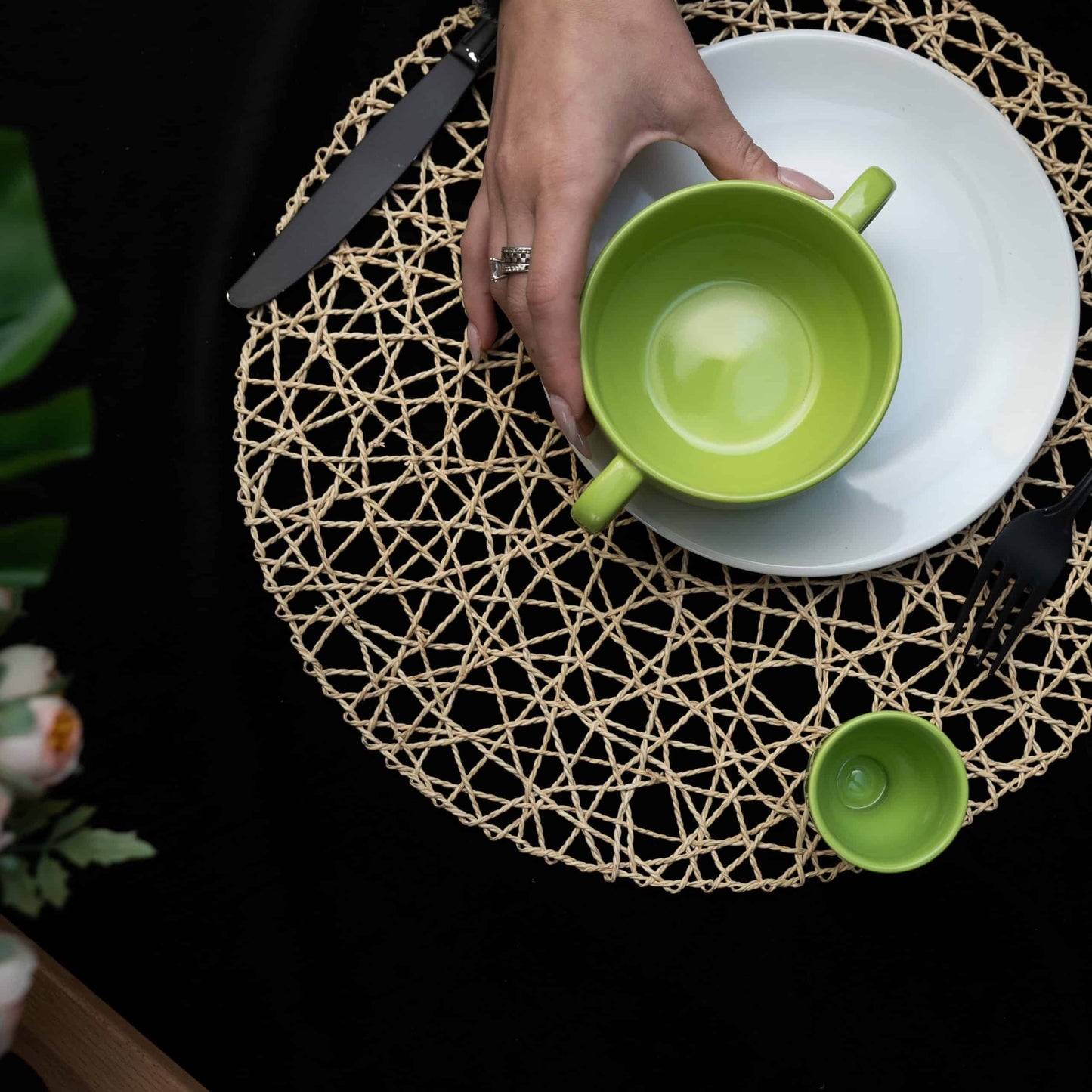 Juego de desayuno, 3 piezas, para una persona, Cesiro, Blanco/Verde