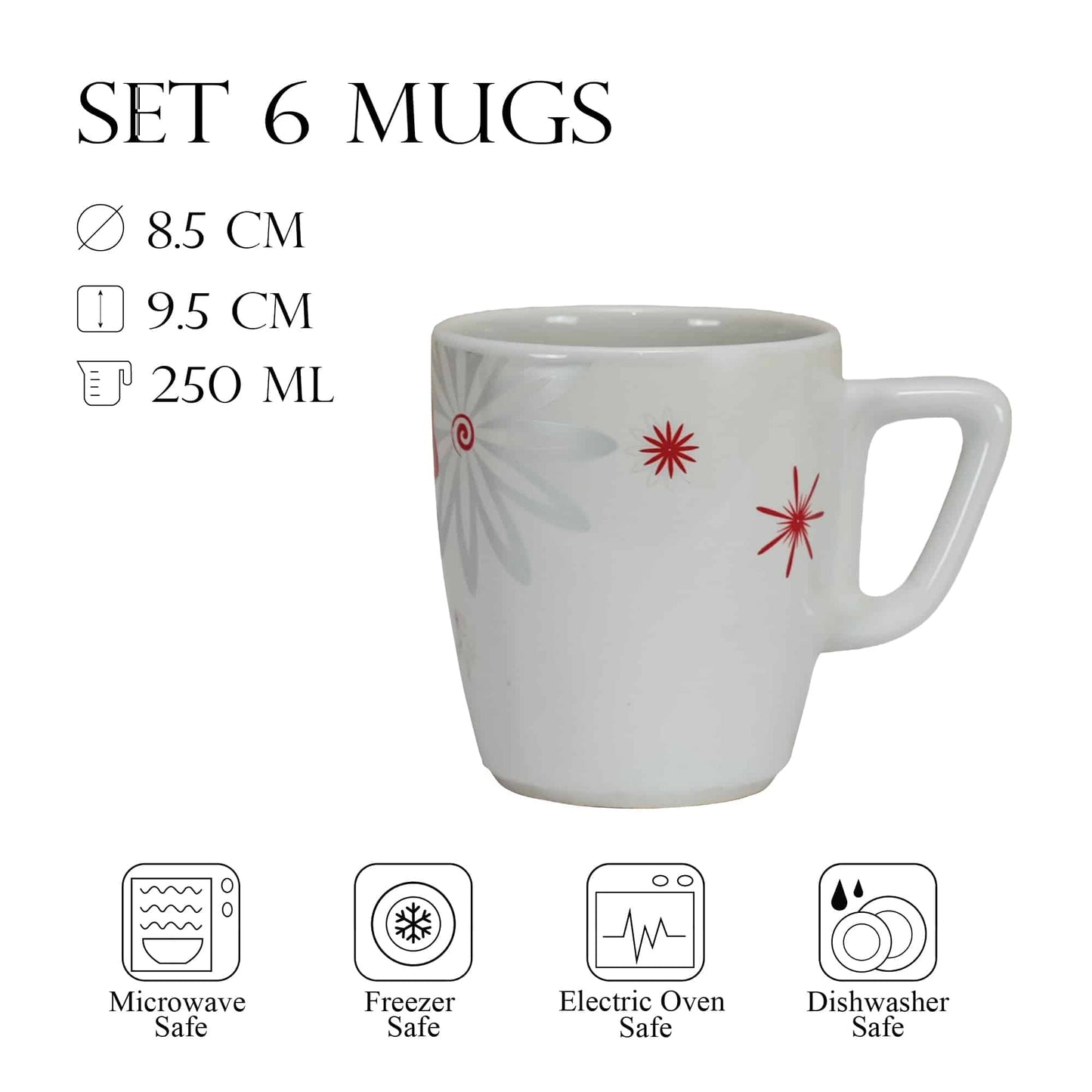 Set 6 cesti Alb cu stele si flori, 250 ml