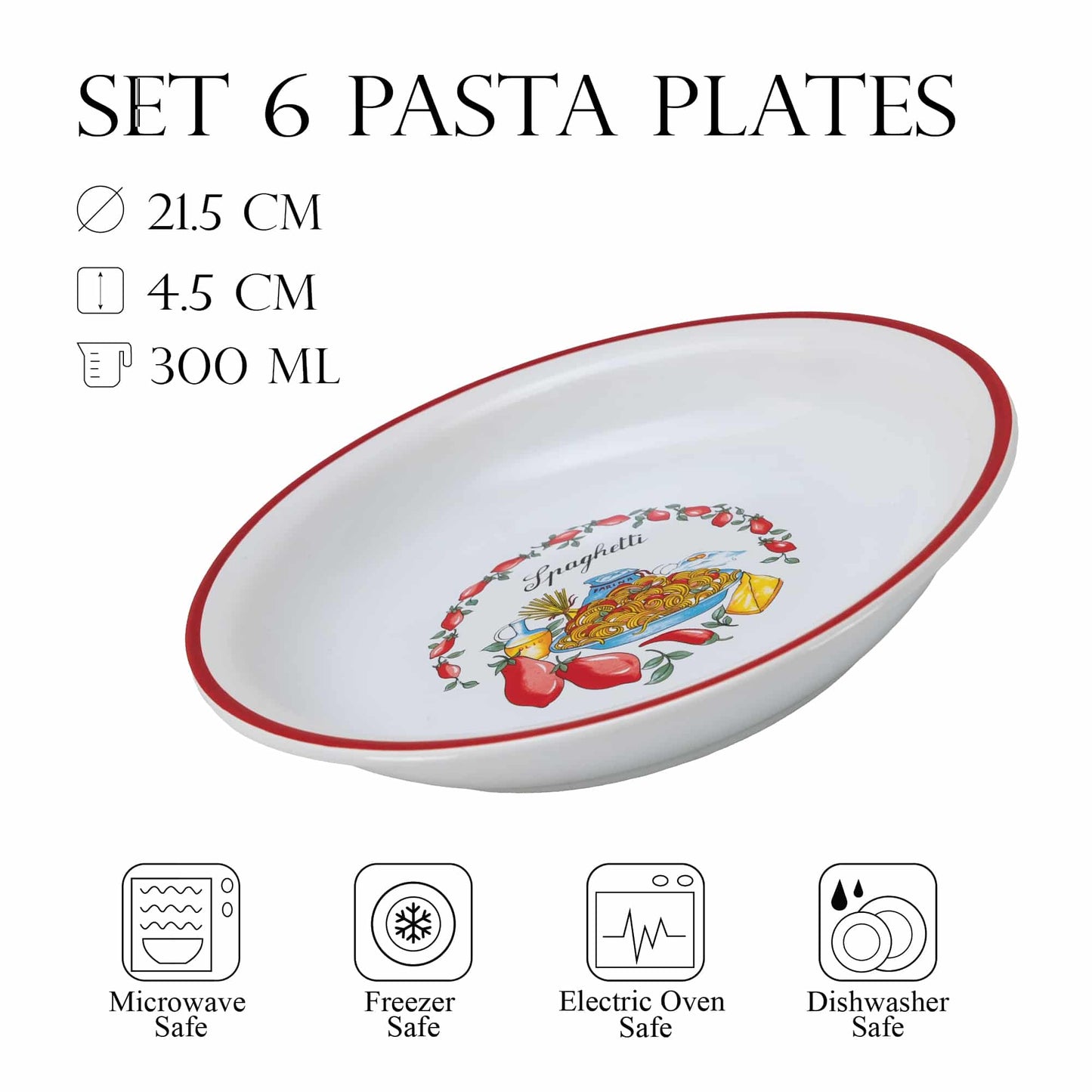 Set 6 piatti fondi Bianco decoro Spaghetti 21 cm