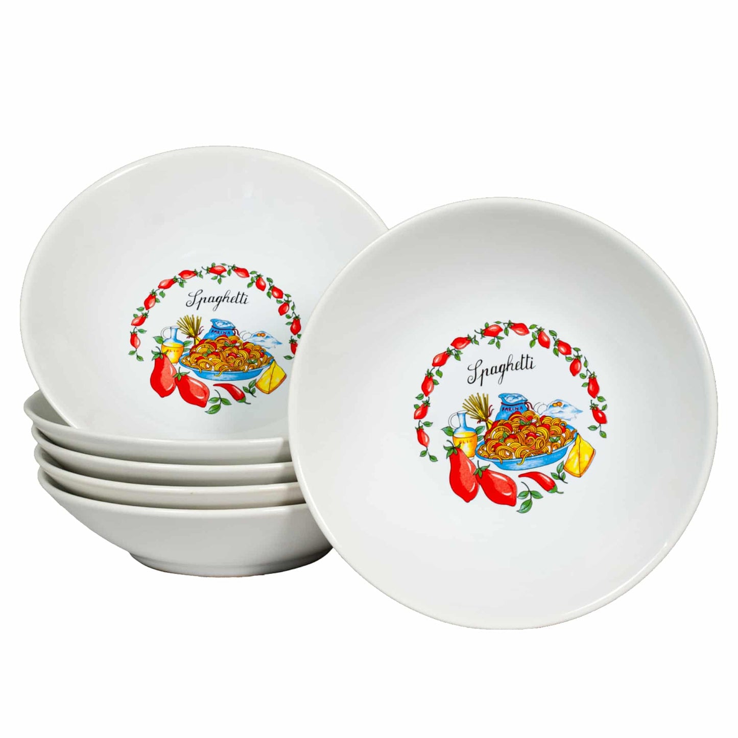 Set of 6 deep plates Pure White with Spaghetti decoration