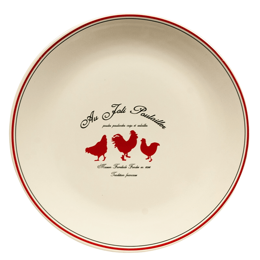 Extended plate with three red chickens decoration, 26 cm, Cream