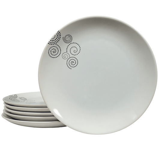 Set of 6 flat plates Arctic White with dotted black lines in the form of a spiral, 26 cm