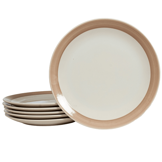 Set of 6 flat plates, 26 cm, Pure White with light brown band