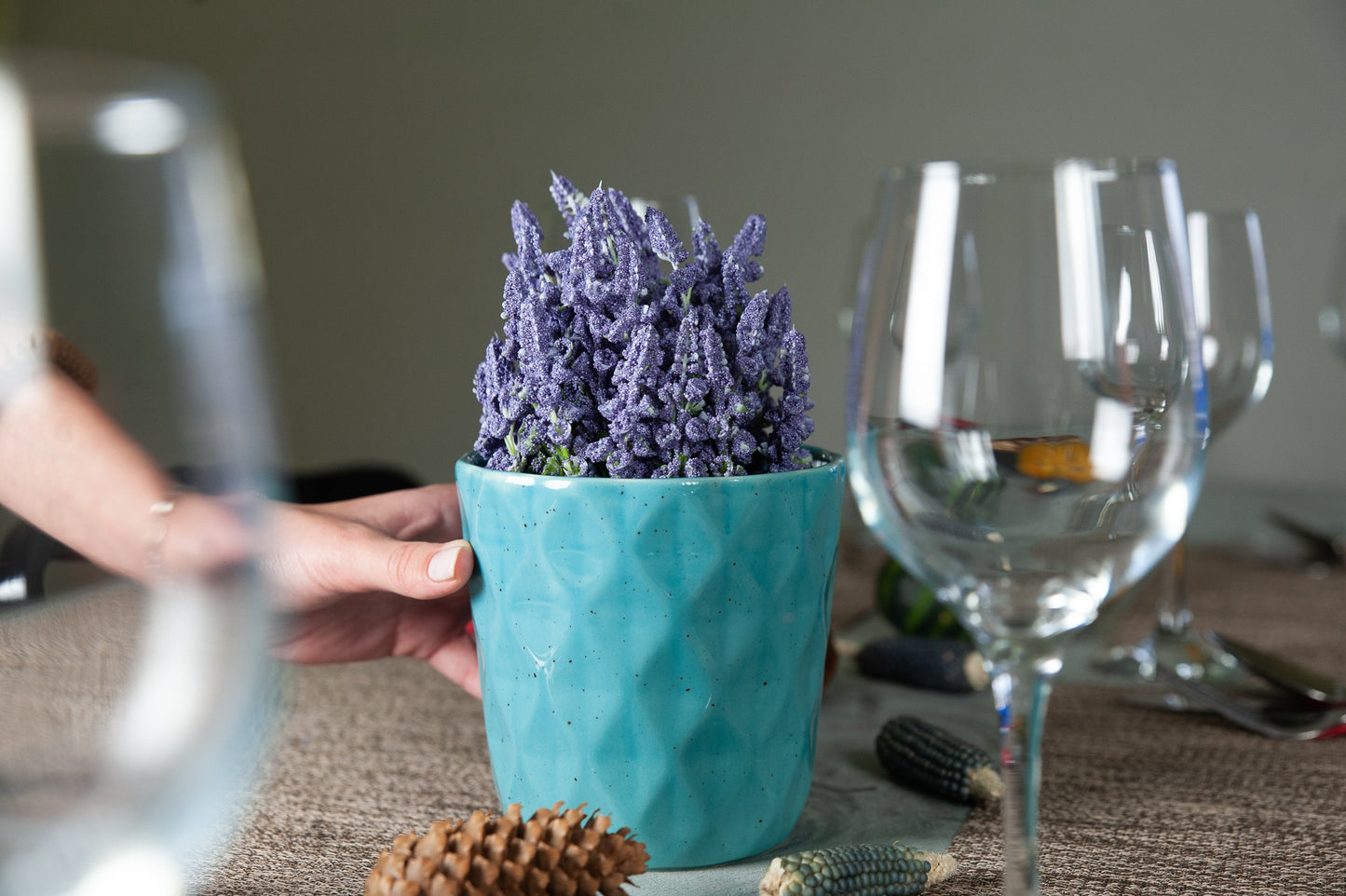 Pot decorated in relief with the shape of small diamonds, 12 cm, Aqua Pigmented Turquoise