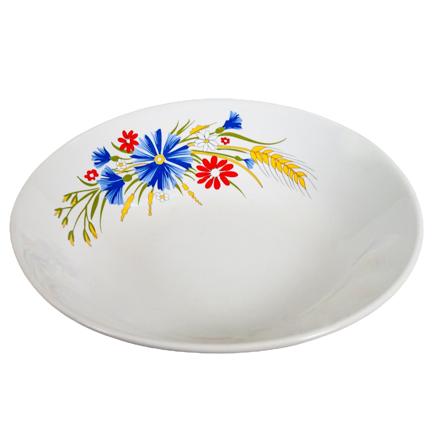 Deep plate decorated with blue and red flowers and ears of wheat, 22 cm, Arctic White