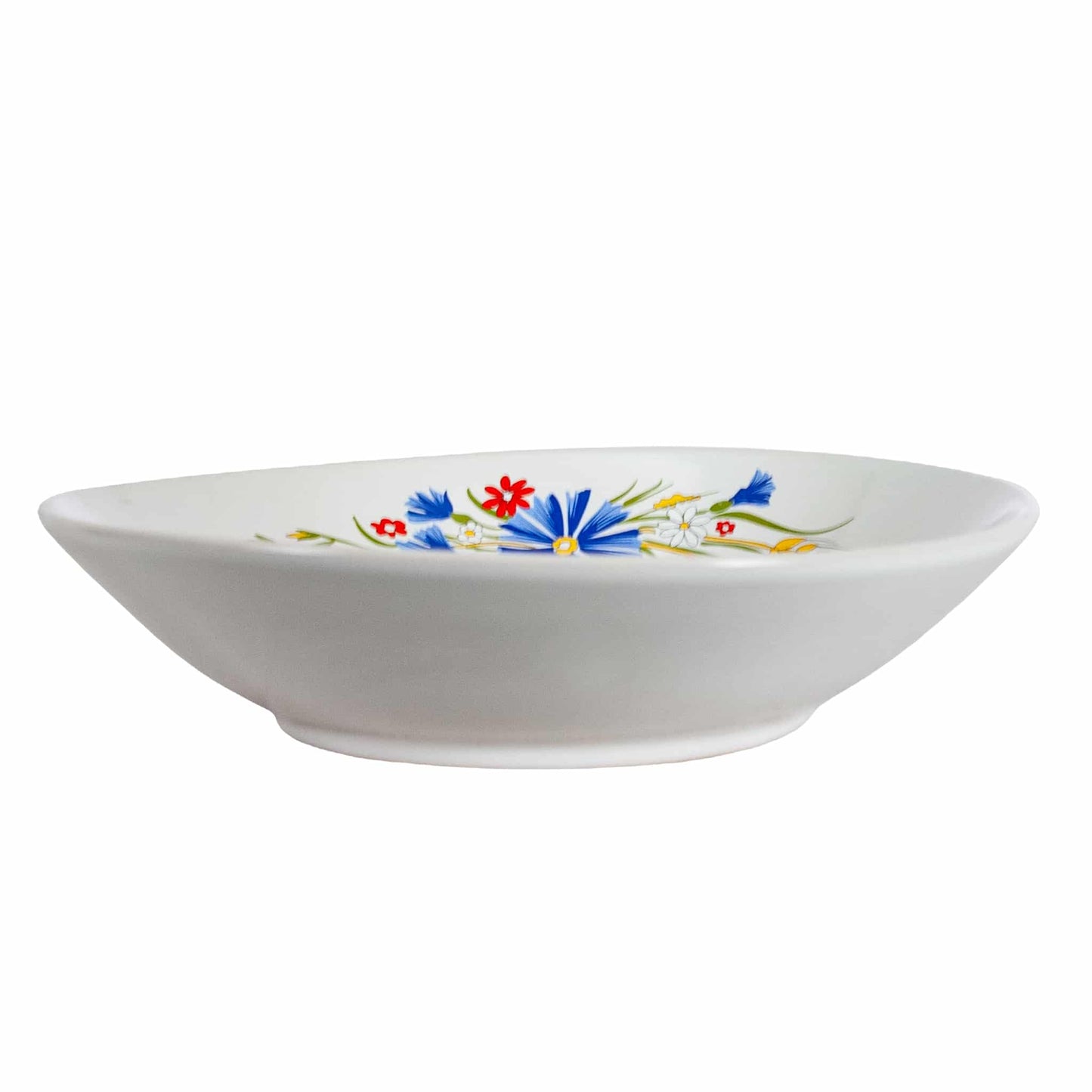 Deep plate decorated with blue and red flowers and ears of wheat, 22 cm, Arctic White