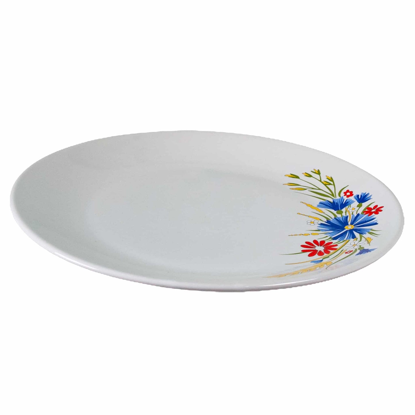 Plato llano decorado con flores rojas y azules y espigas, 26 cm, blanco puro