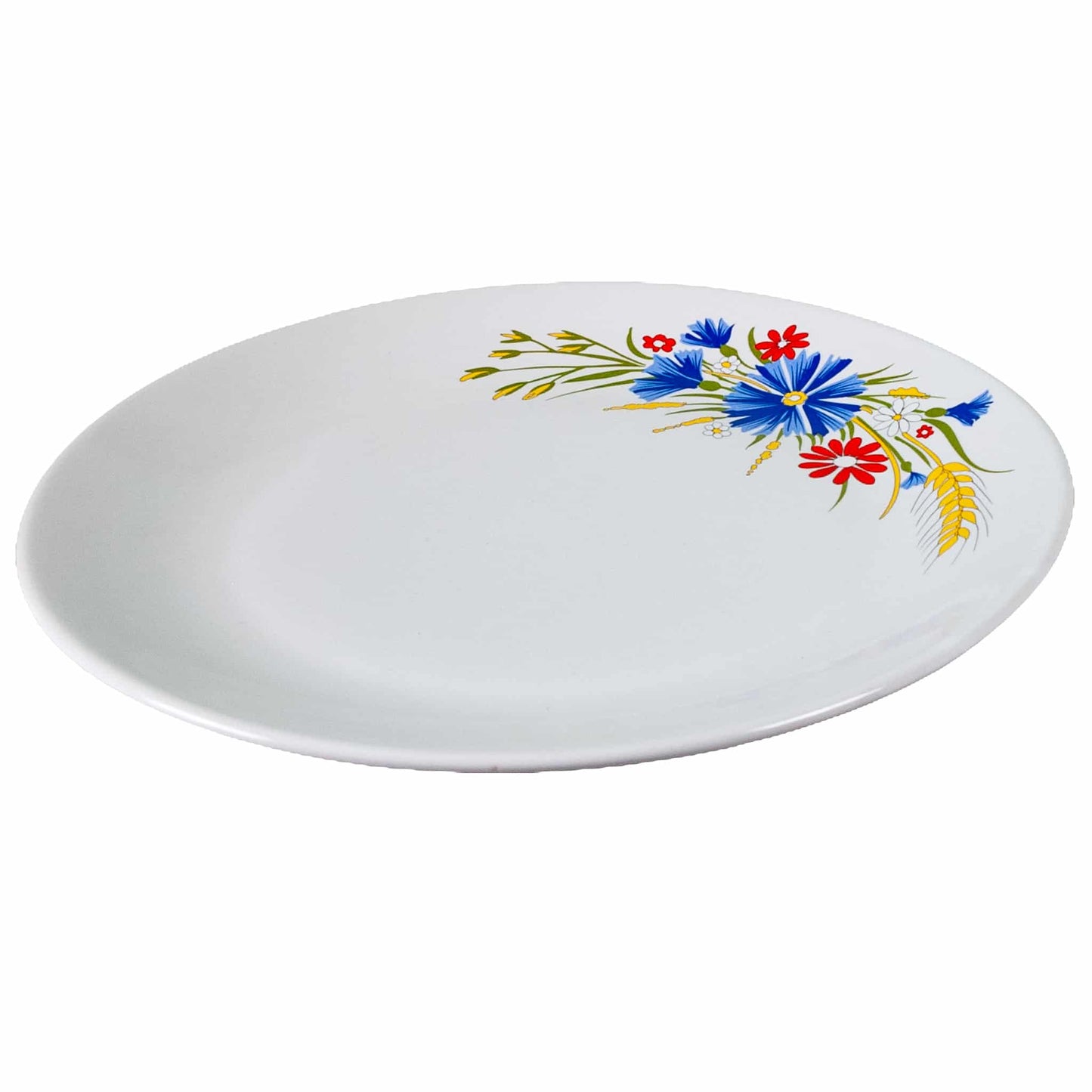 Plato llano decorado con flores rojas y azules y espigas, 26 cm, blanco puro