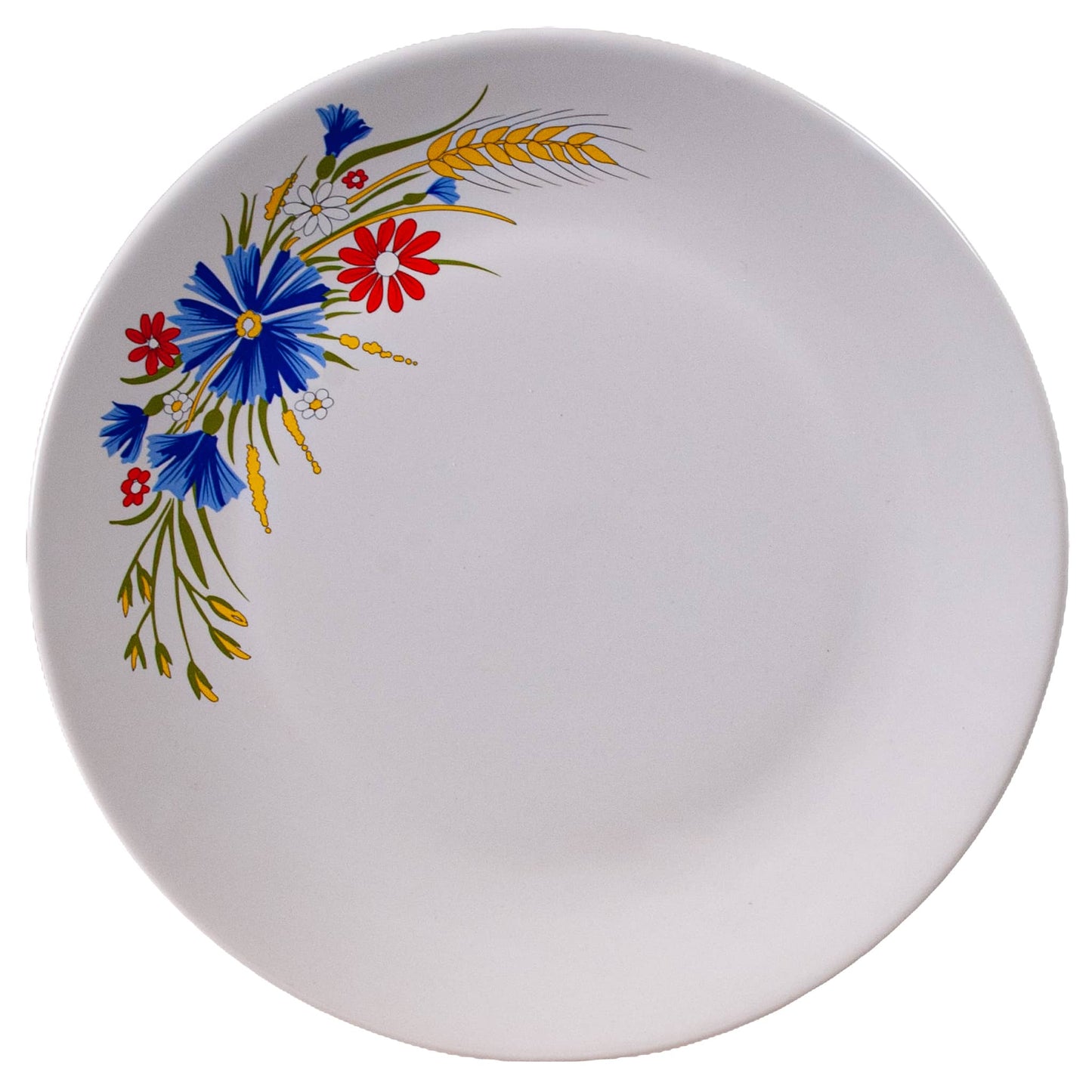 Plato llano decorado con flores rojas y azules y espigas, 26 cm, blanco puro