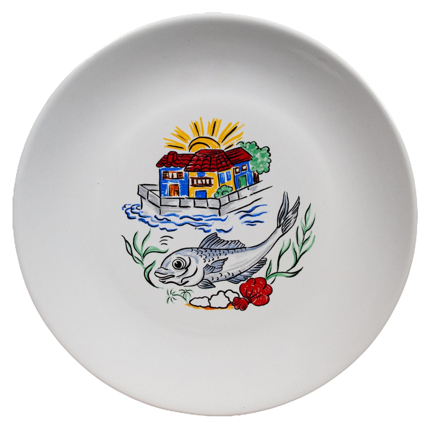 Extended plate with fish decoration with houses on the background, 26 cm, Pure White