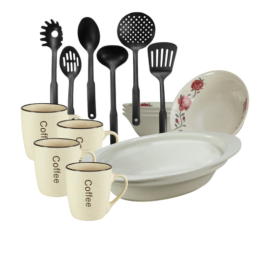 Servicio de mesa, 4 personas, 15 piezas, taza de crema, bol, bandeja resistente al calor, utensilios de cocina, Porcelana decorada con rosas rosas