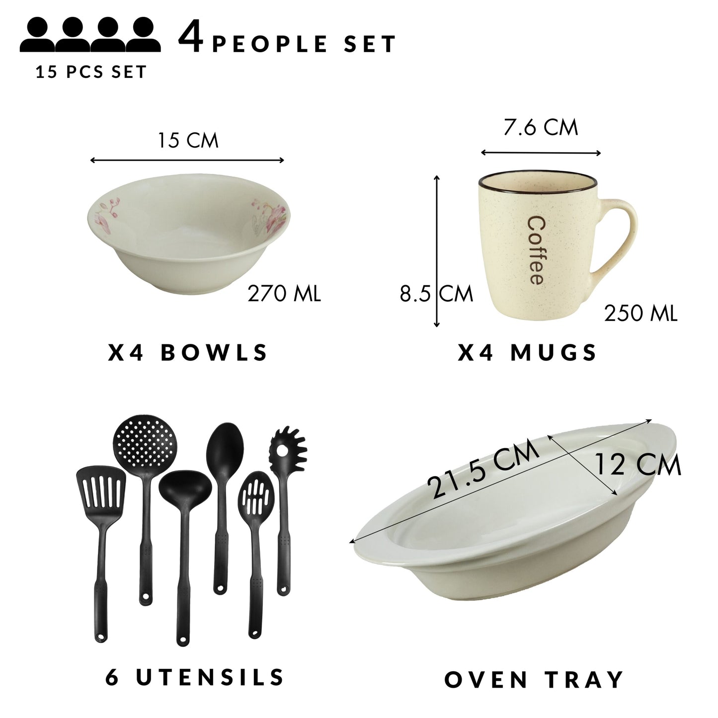 Table service, 4 people, 15 pieces, cream cup, bowl, heat-resistant tray, kitchen utensils, Porcelain decorated with Orchids