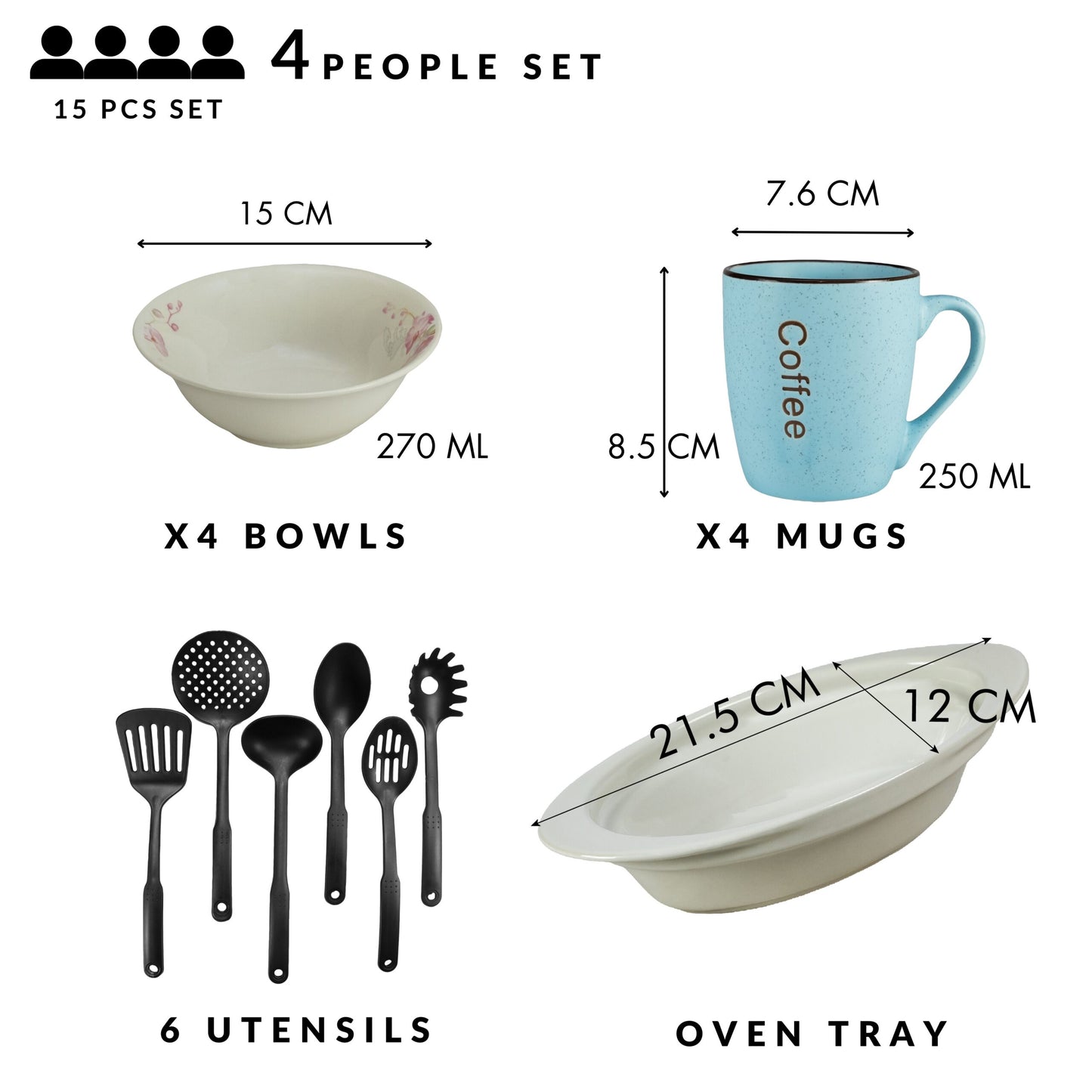 Table service, 4 people, 15 pieces, blue mug, bowl, heat-resistant tray, kitchen utensils, Porcelain decorated with orchids