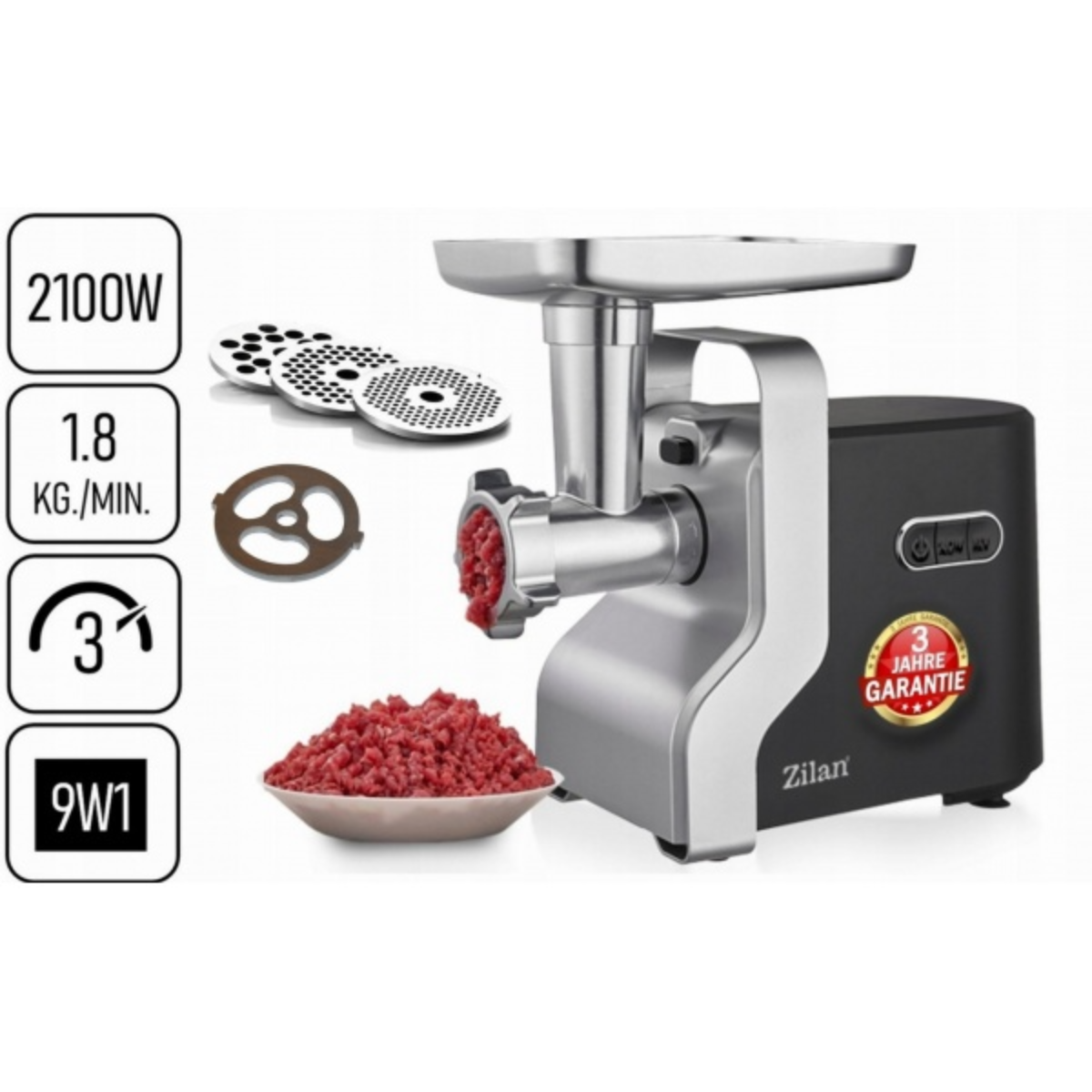 Multifunktionaler Fleischwolf ZILAN ZLN0126, Schwarz/Grau 2100 W, 3 Geschwindigkeiten, Zubehör zum Schneiden von Gemüse, Zubehör für Würstchen, Zubehör zum Schneiden und Zerkleinern, Edelstahlmesser