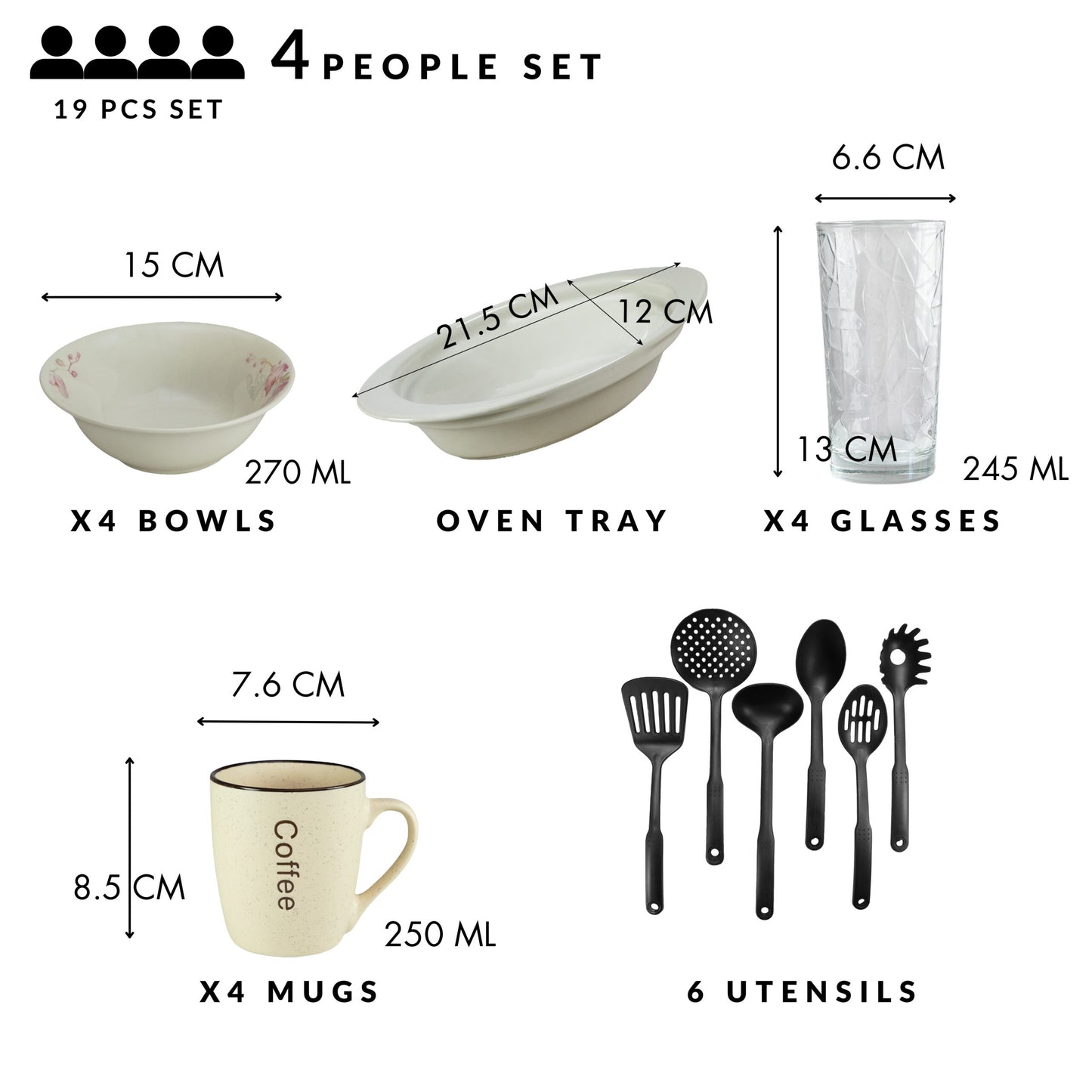 Servicio de mesa, 4 personas, 19 piezas, taza crema, bol, bandeja termo, utensilios de cocina, vasos de cristal, Porcelana decorada con Orquídeas