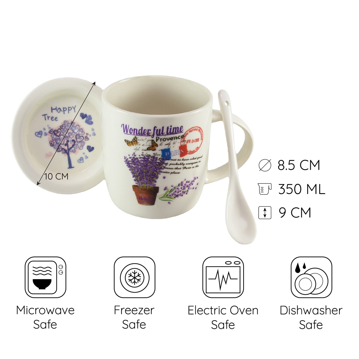 Tazza con piattino e cucchiaino, 350 ml, bianca con motivo vaso di lavanda