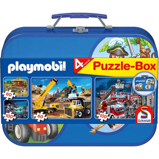 Puzzle Schmidt: Playmobil - Caja Playmobil, Set de 2 x 60 piezas y 2 x 100 piezas + Bonus: cofre metálico