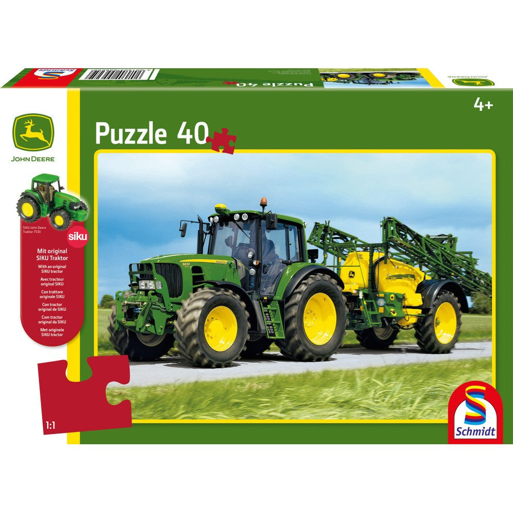 Puzzle Schmidt: John Deere - Tractor 6630 con pulverizador, 40 piezas + Regalo: Maqueta Siku